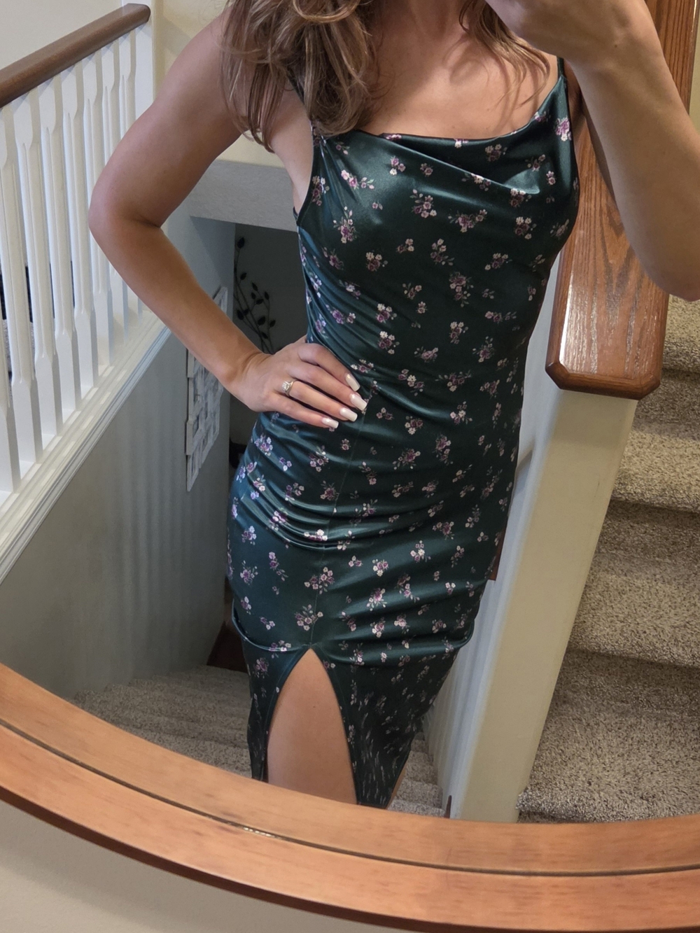 H&M Dark Green Floral Satin Midi Slip Dress with Side Slit